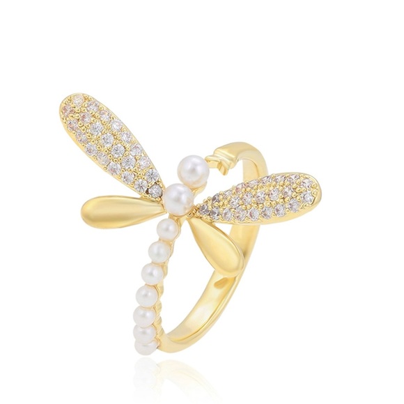 Dragonfly Ring Adjustable 14k Gold Plated CZ Stone - Picture 1 of 9